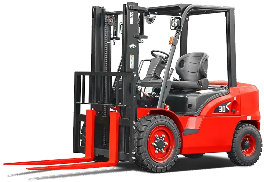Autoelevador Hangcha Serie X rojo, vista tres cuartos delantera: torre triple con desplazador lateral, uñas, techo protector, butaca y neumáticos macizos